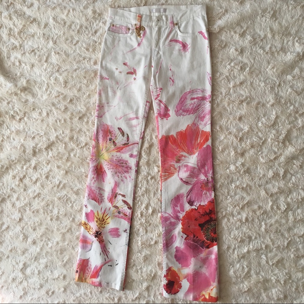 Roberto Cavalli White and Pink Floral Pants